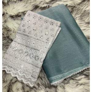 Dusty Blue Solid Chiffon Saree Saree With Lace Border