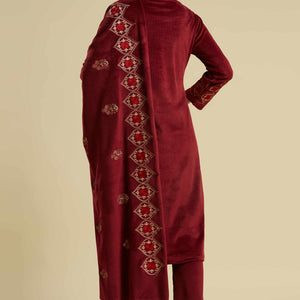 Maroon Embroidered Velvet Straight Salwar Suit