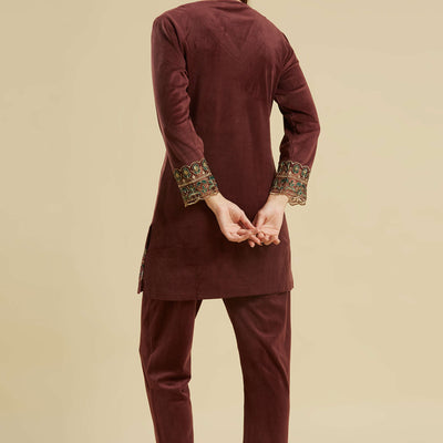 Brown Embroidered Velvet A-Line Top Bottom Set