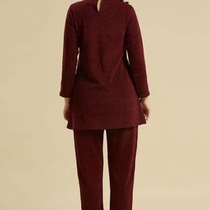 Maroon Woven Woolen A-Line Top Bottom Set