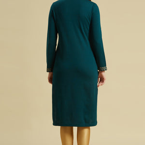 Dark Teal Floral Woolen Top Bottom Set