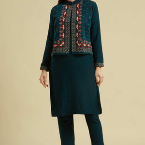 Dark Teal Floral Woolen Top Bottom Set