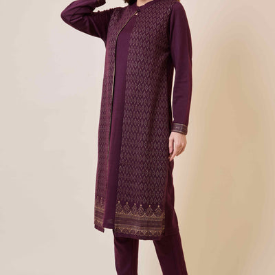 Dark Mauve Floral Woolen Top Bottom Set