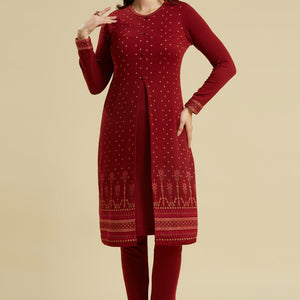 Maroon Floral Woolen Top Bottom Set
