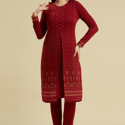Maroon Floral Woolen Top Bottom Set