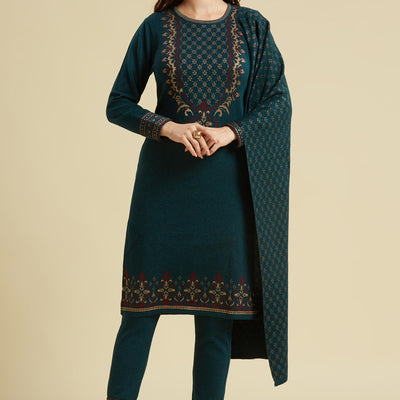 Dark Teal Floral Woolen Salwar Suit