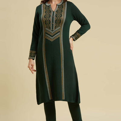 Bottle Green Floral Woolen Top Bottom Set