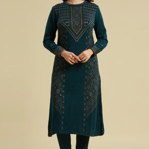 Dark Teal Floral Woolen Top Bottom Set