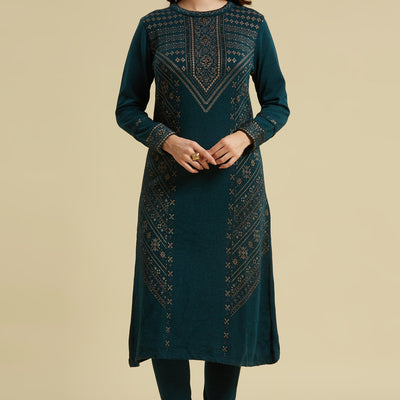Dark Teal Floral Woolen Top Bottom Set
