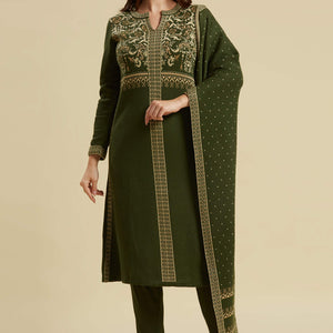 Mehandi Green Floral Woolen Salwar Suit