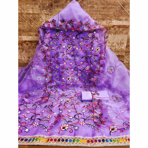 Lavender Floral Embroidered Organza Dress Material