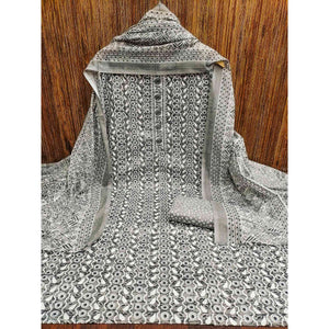 Grey Printed With Embroidered Cotton Blend Dress Material