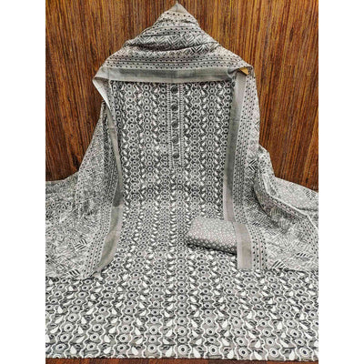 Grey Printed With Embroidered Cotton Blend Dress Material