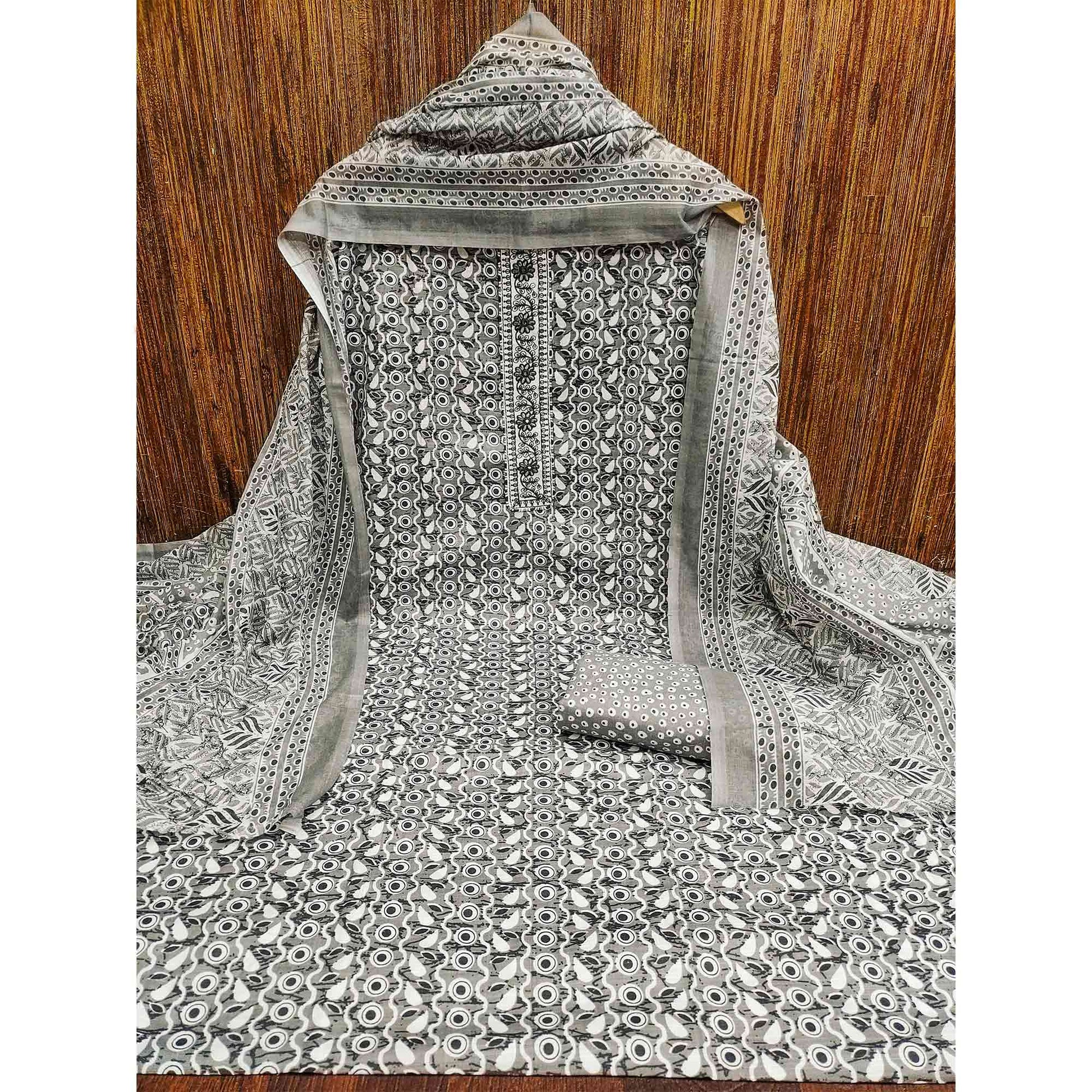 Grey Printed With Embroidered Cotton Blend Dress Material