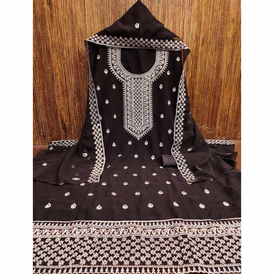 Brown Embroidered Georgette Dress Material