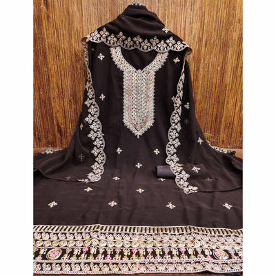 Brown Floral Embroidered Georgette Dress Material