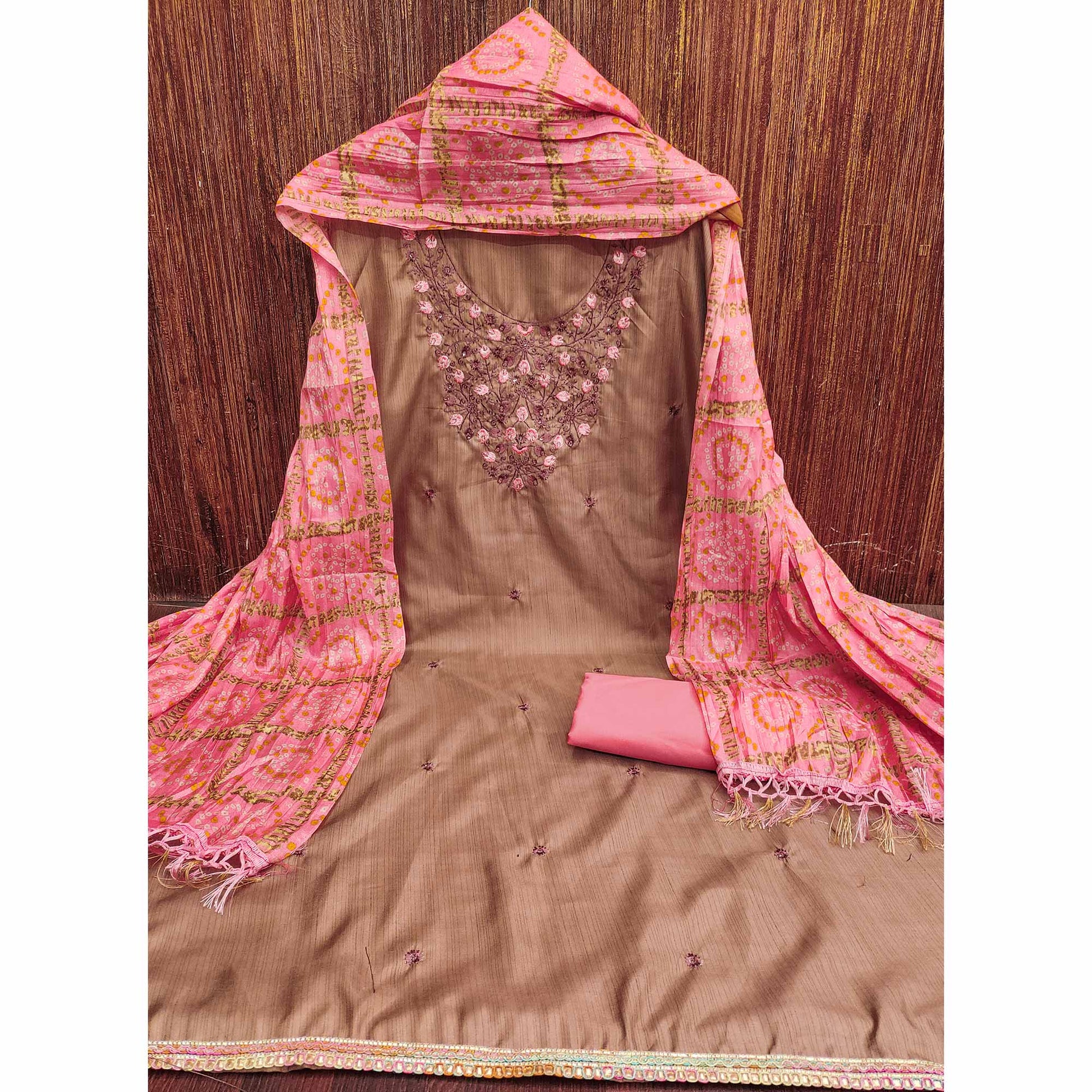 Chikoo Floral Sequins Embroidered Cotton Blend Dress Material