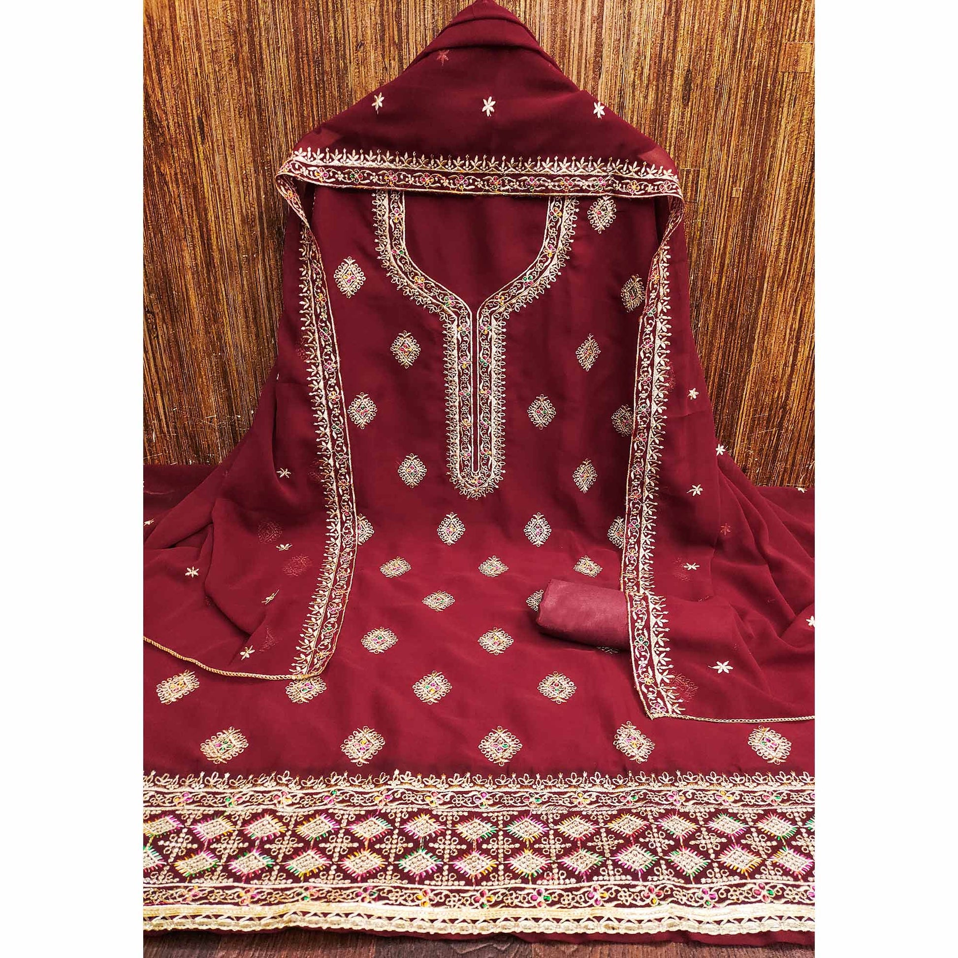 Maroon Floral Embroidered Georgette Dress Material