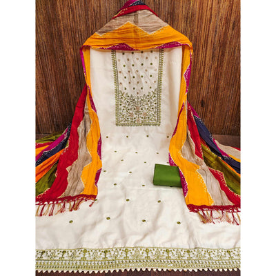 Cream & Green Floral Sequins Embroidered Cotton Silk Dress Material