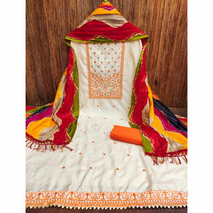 Cream & Orange Floral Sequins Embroidered Cotton Silk Dress Material