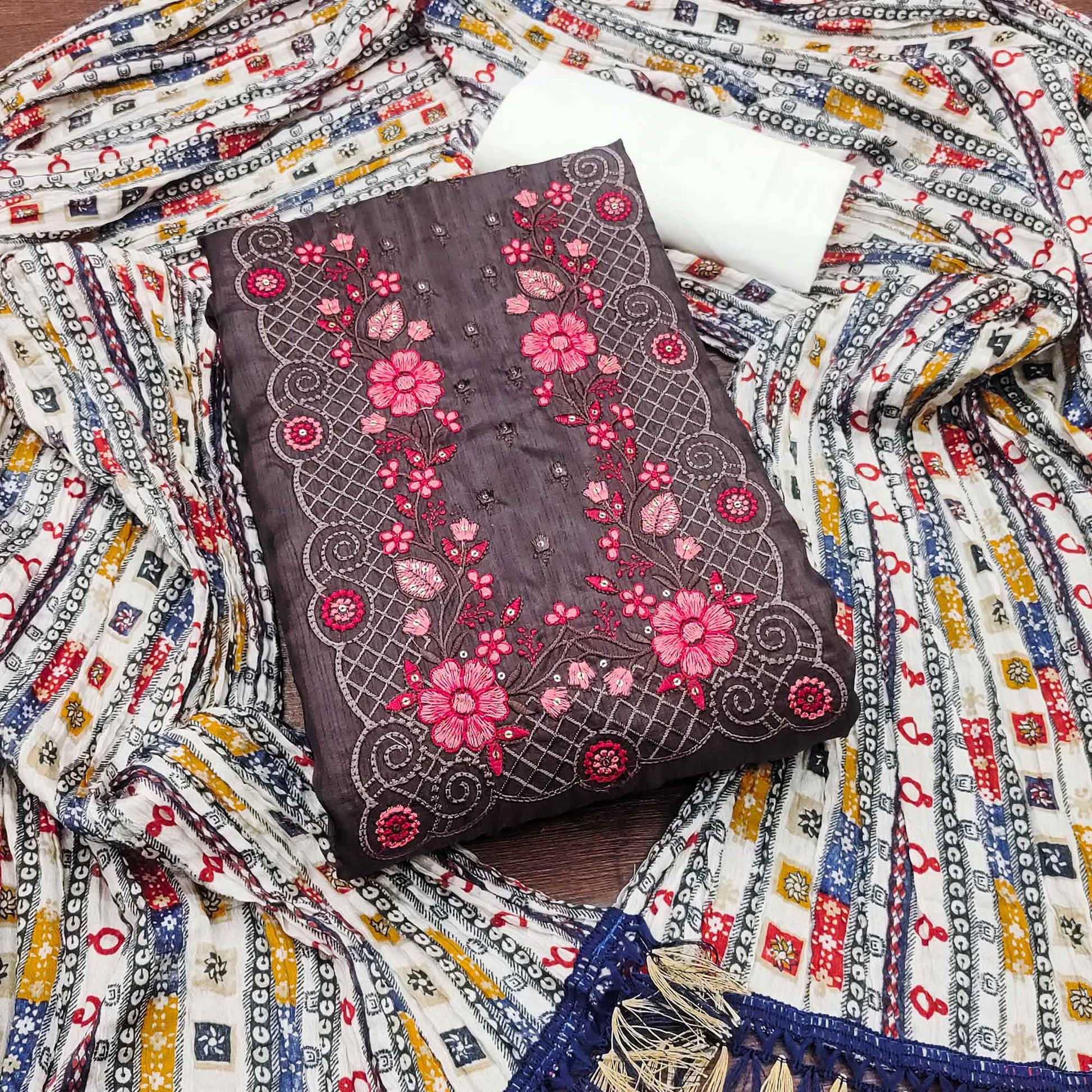 Dark Brown Floral Sequins Embroidered Cotton Silk Dress Material
