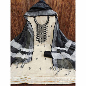 Cream & Black Floral Sequins Embroidered Cotton Blend Dress Material