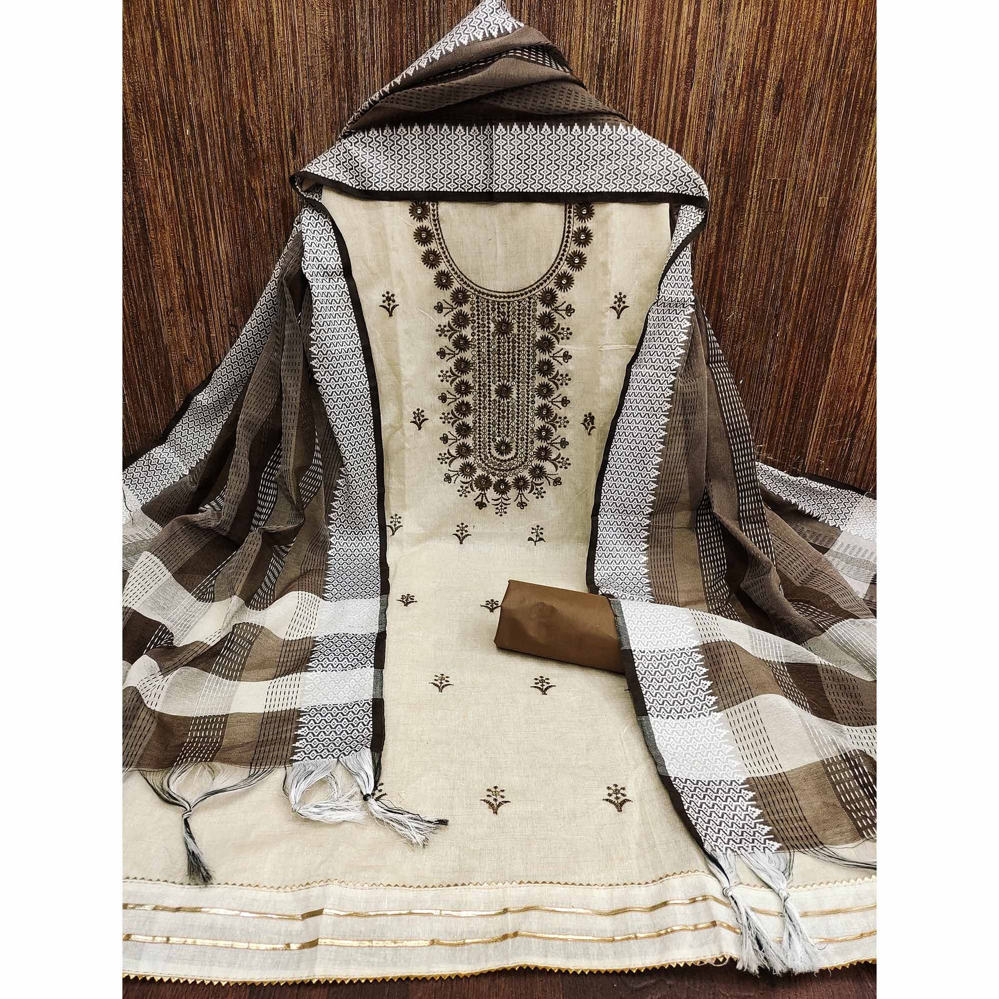 Cream & Brown Floral Sequins Embroidered Cotton Blend Dress Material