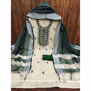 Cream & Green Floral Sequins Embroidered Cotton Blend Dress Material