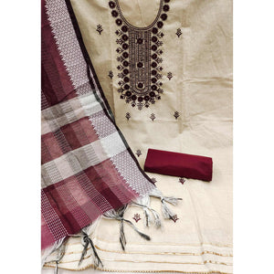 Cream & Maroon Floral Sequins Embroidered Cotton Blend Dress Material