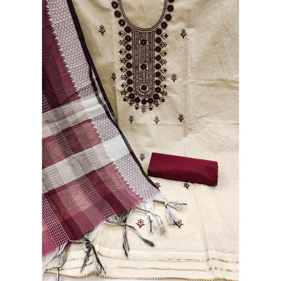 Cream & Maroon Floral Sequins Embroidered Cotton Blend Dress Material