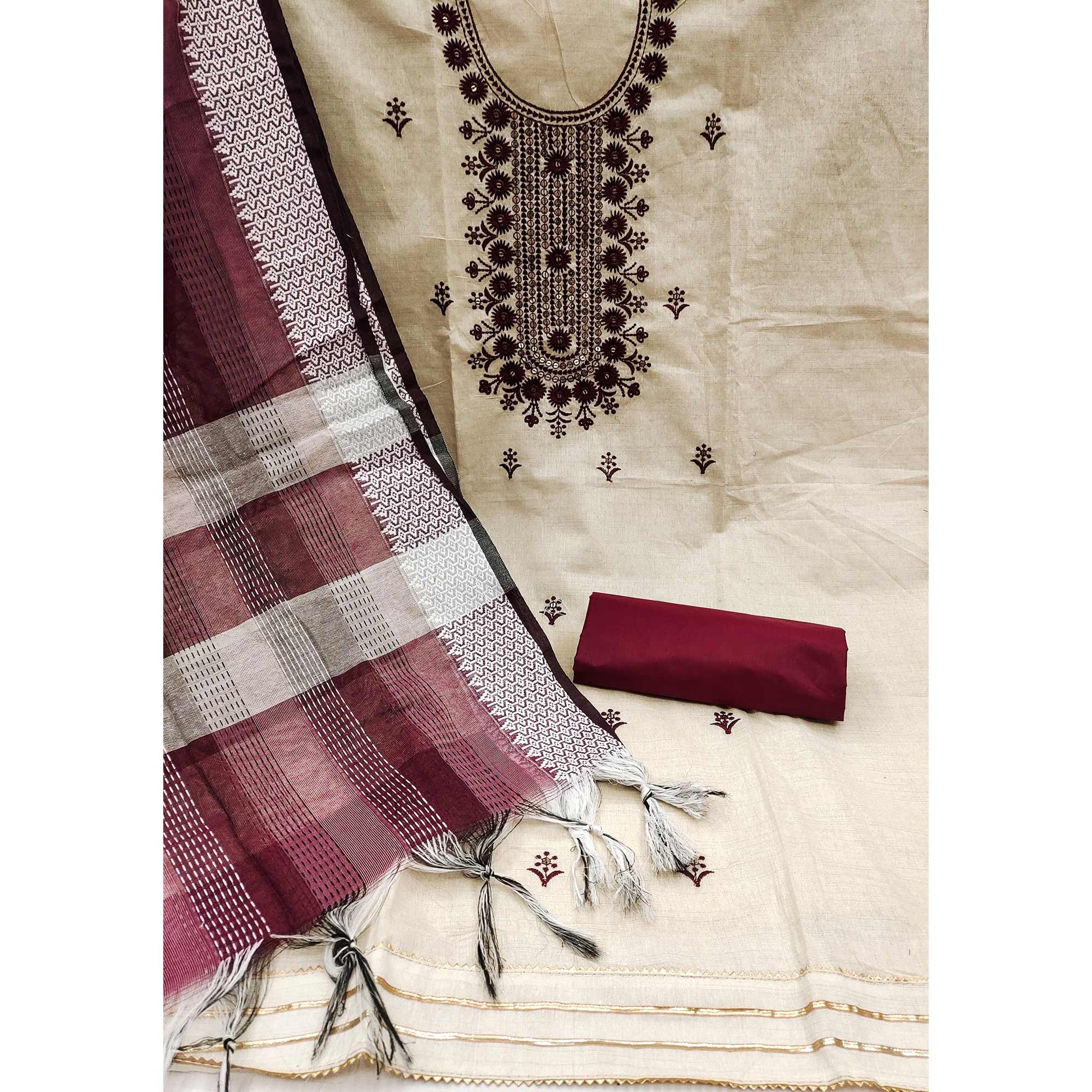 Cream & Maroon Floral Sequins Embroidered Cotton Blend Dress Material