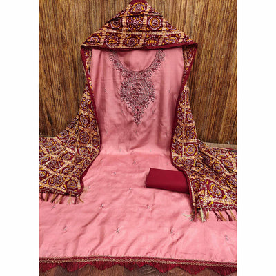 Gajari Pink Floral Sequins Embroidered Cotton Silk Dress Material