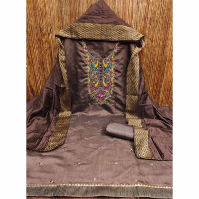 Brown Floral Sequins Embroidered Cotton Silk Dress Material
