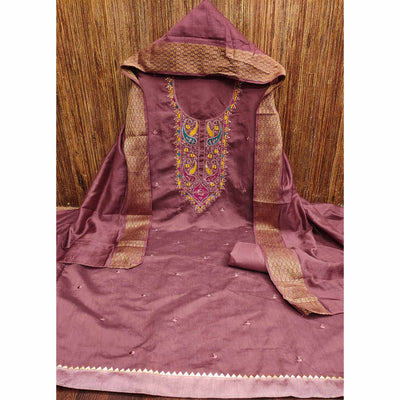 Dusty Rose Pink Floral Sequins Embroidered Cotton Silk Dress Material