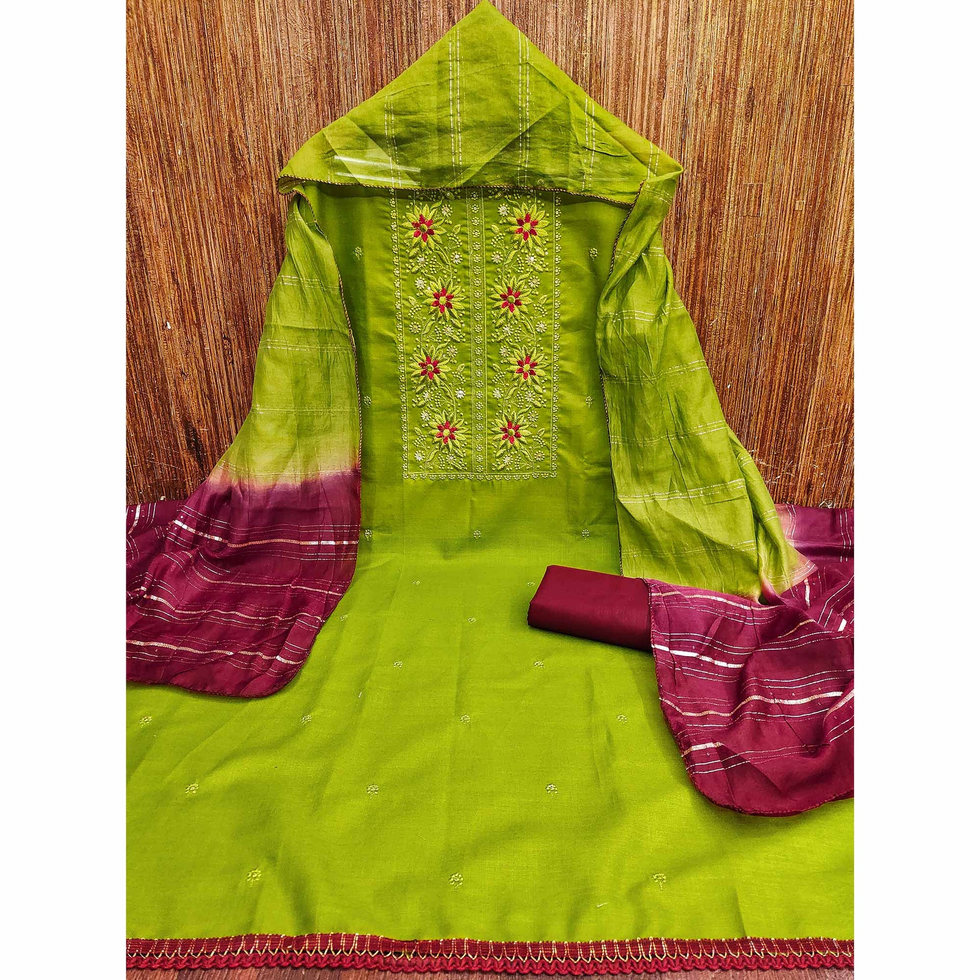 green-floral-sequins-embroidered-slub-cotton-dress-material-4