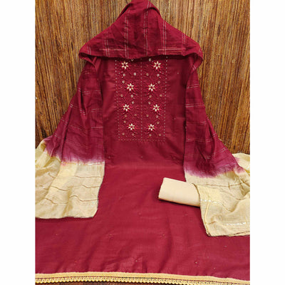 Maroon Floral Sequins Embroidered Slub Cotton Dress Material