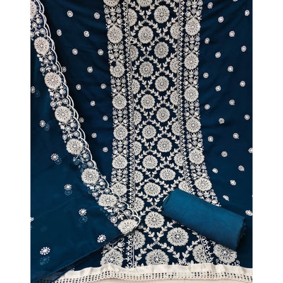 Morpich Blue Floral Embroidered Georgette Dress Material