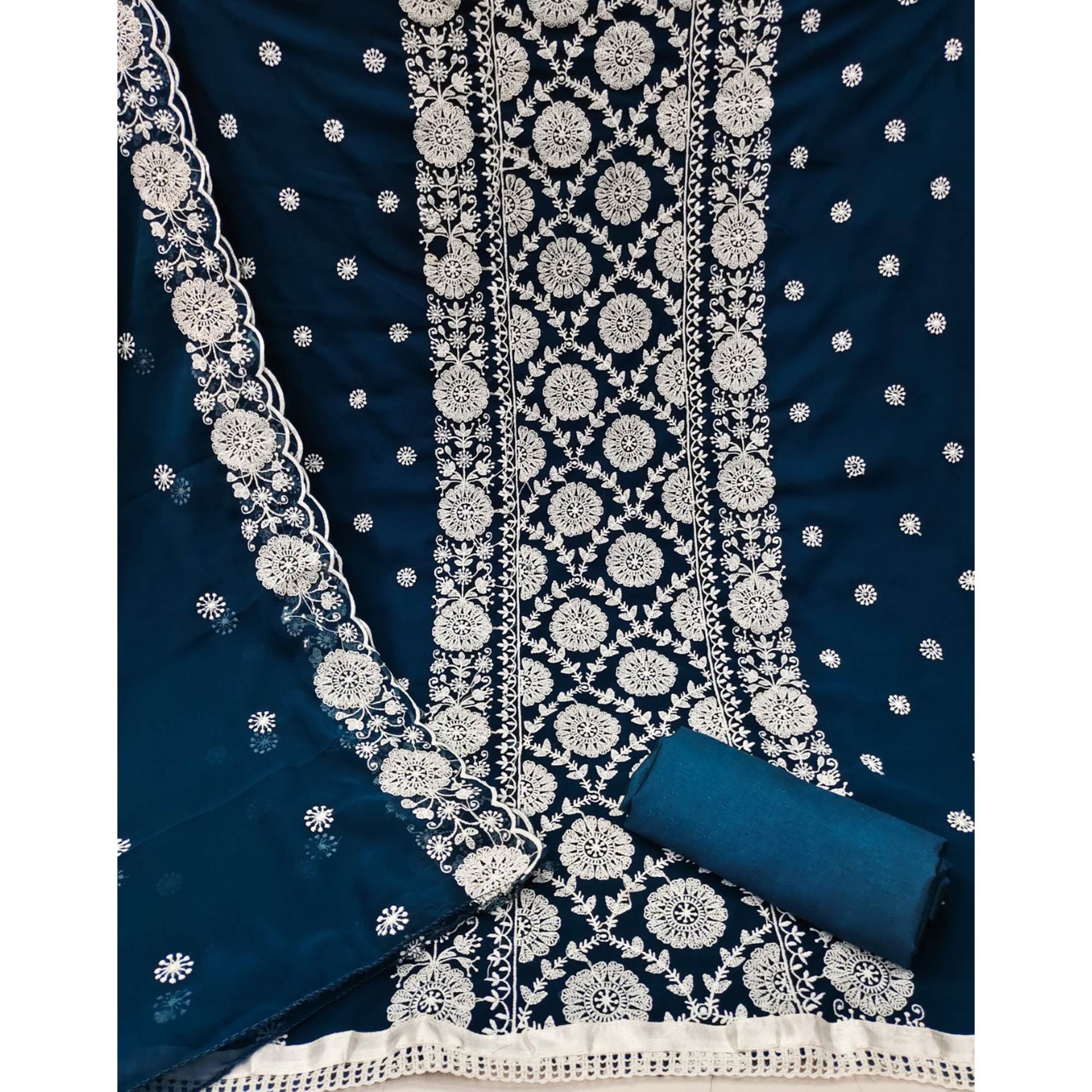Morpich Blue Floral Embroidered Georgette Dress Material