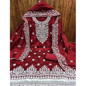 Maroon Floral Embroidered Chanderi Cotton Dress Material