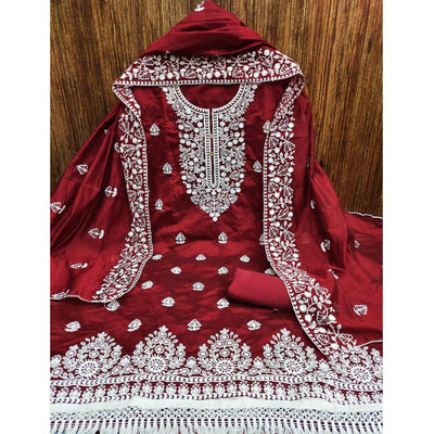 Maroon Floral Embroidered Chanderi Cotton Dress Material