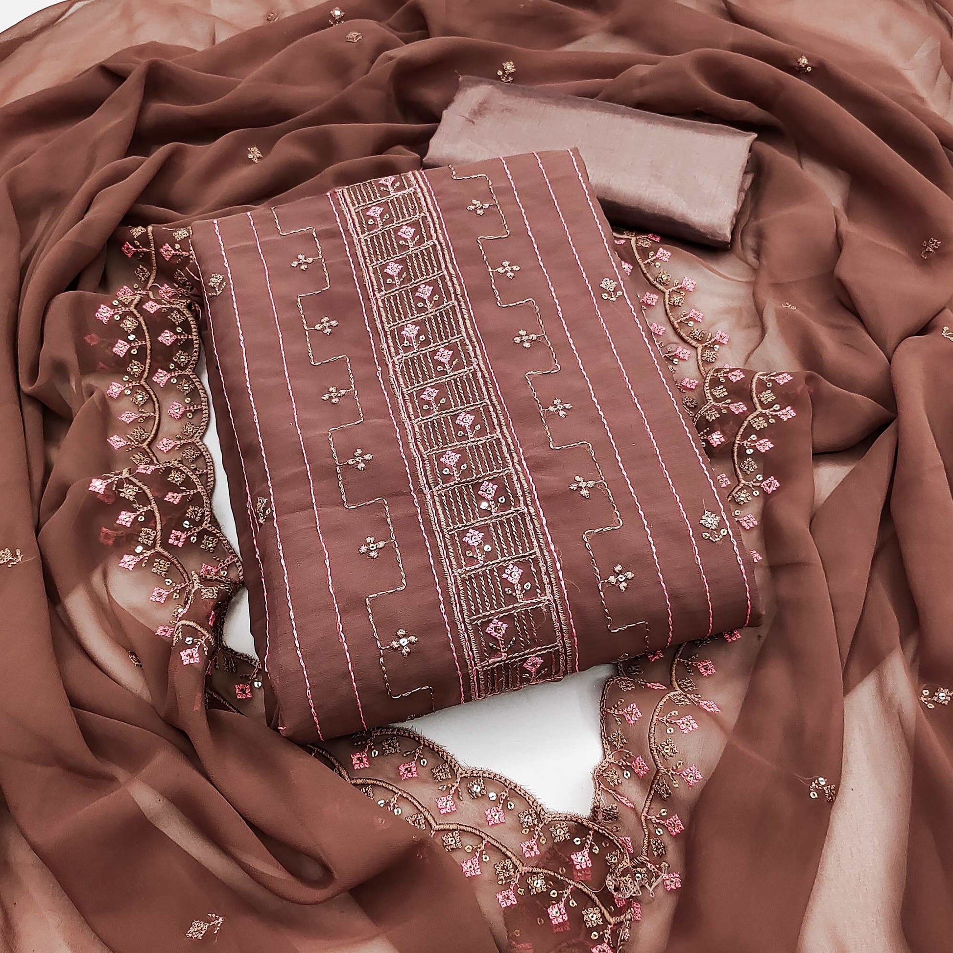 Brown Sequins Embroidered Georgette Dress Material