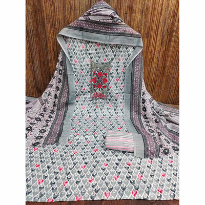 Grey Printed With Embroidered Cotton Blend Dress Material