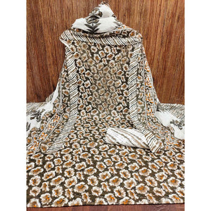 Brown Printed With Embroidered Cotton Blend Dress Material