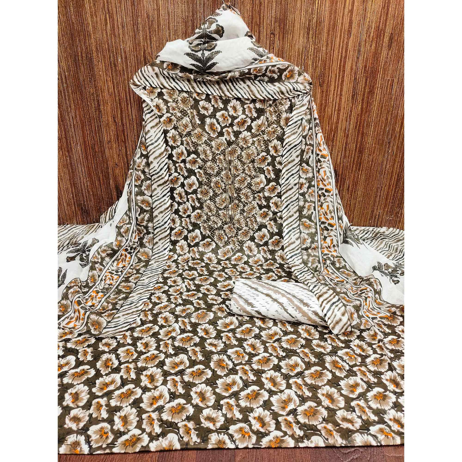 Brown Printed With Embroidered Cotton Blend Dress Material