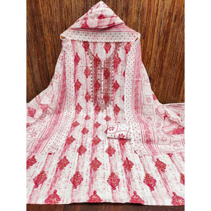 Gajari Pink Printed With Embroidered Cotton Blend Dress Material