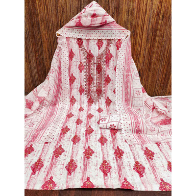 Gajari Pink Printed With Embroidered Cotton Blend Dress Material