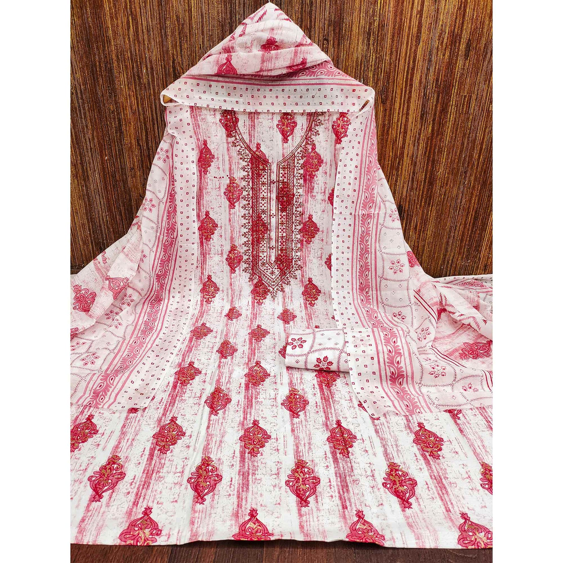 Gajari Pink Printed With Embroidered Cotton Blend Dress Material