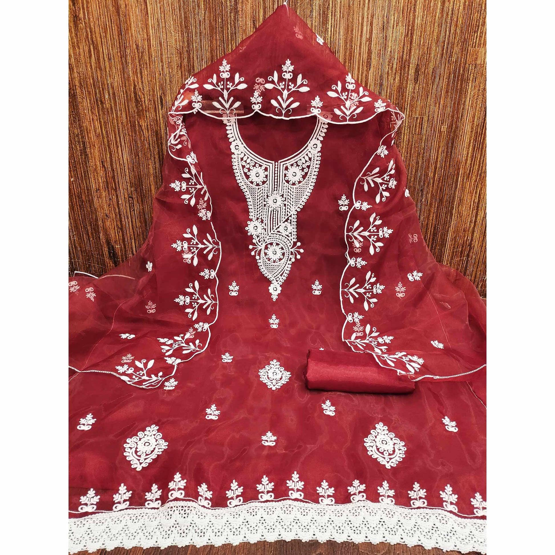 Maroon Floral Embroidered Organza Dress Material