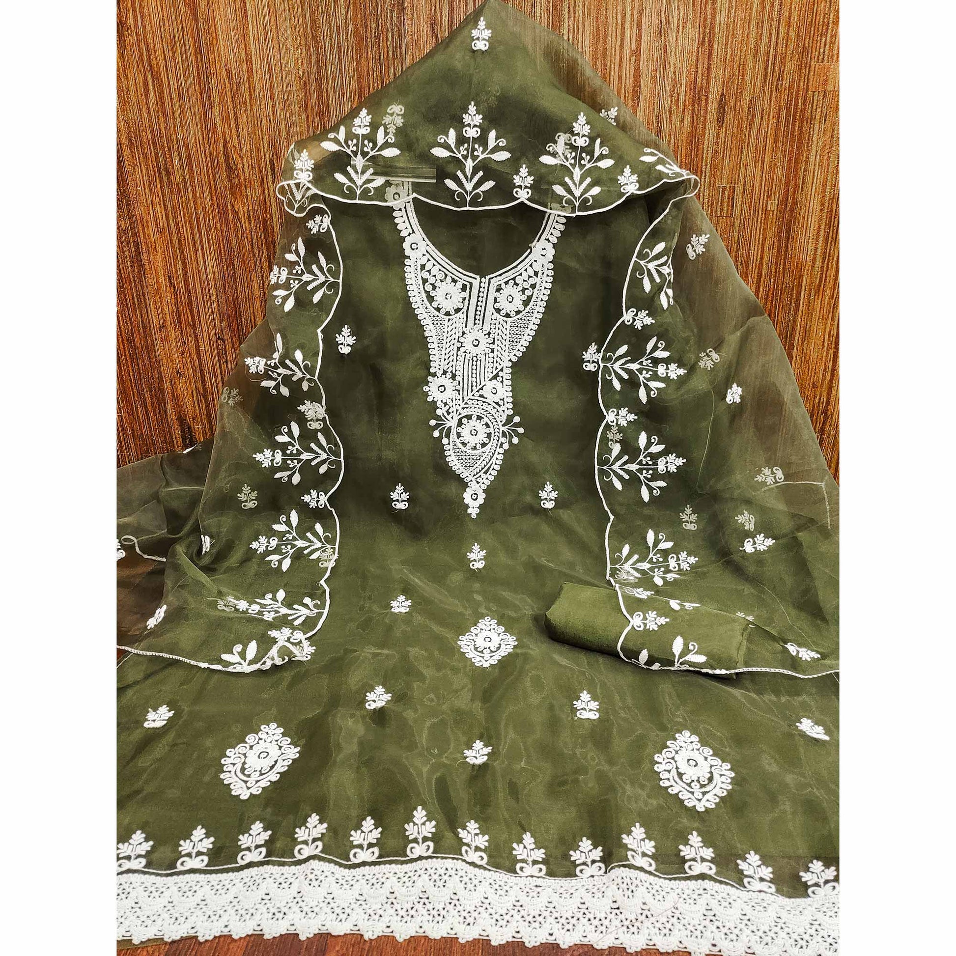 Mehendi Green Floral Embroidered Organza Dress Material