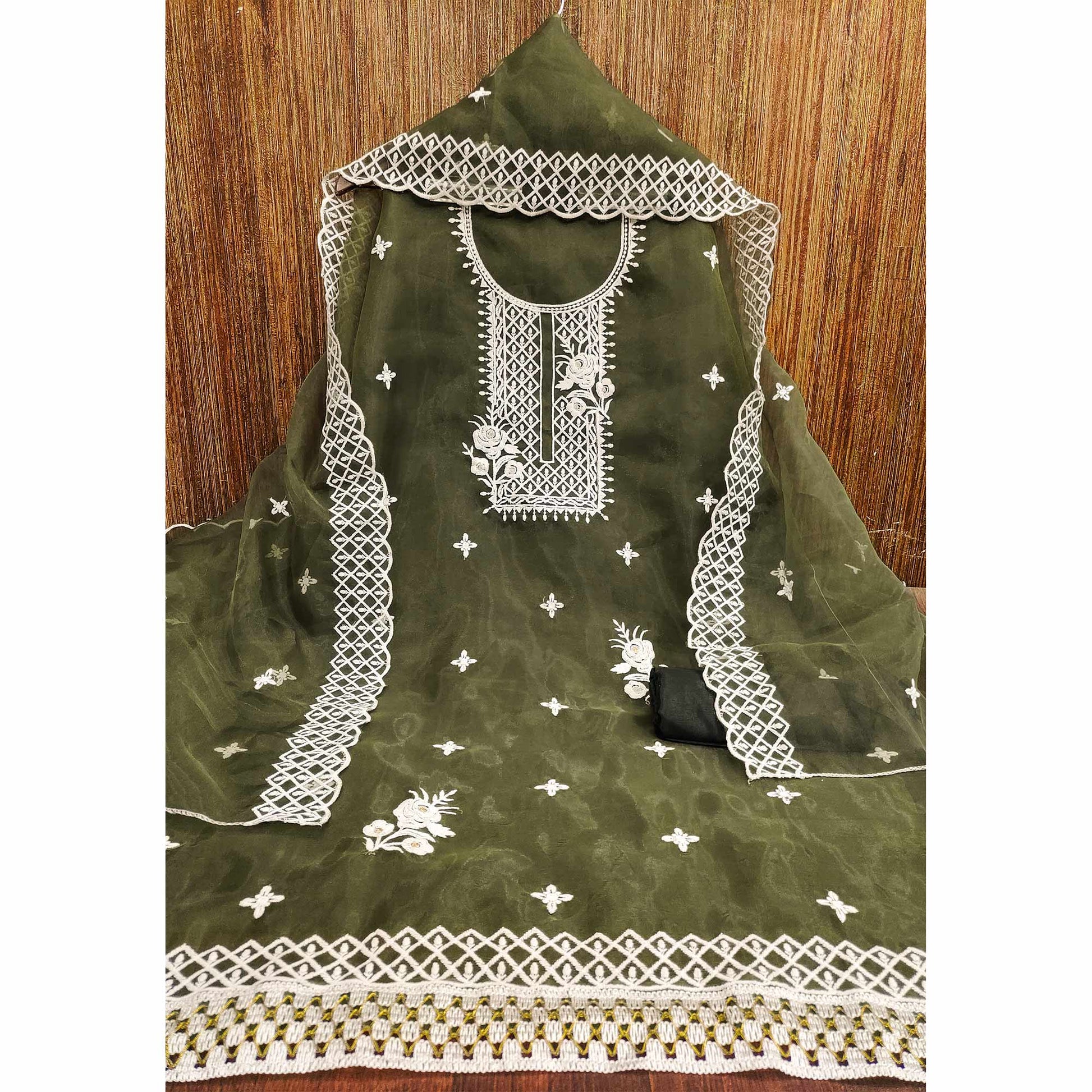 Mehandi Green Floral Embroidered Organza Dress Material